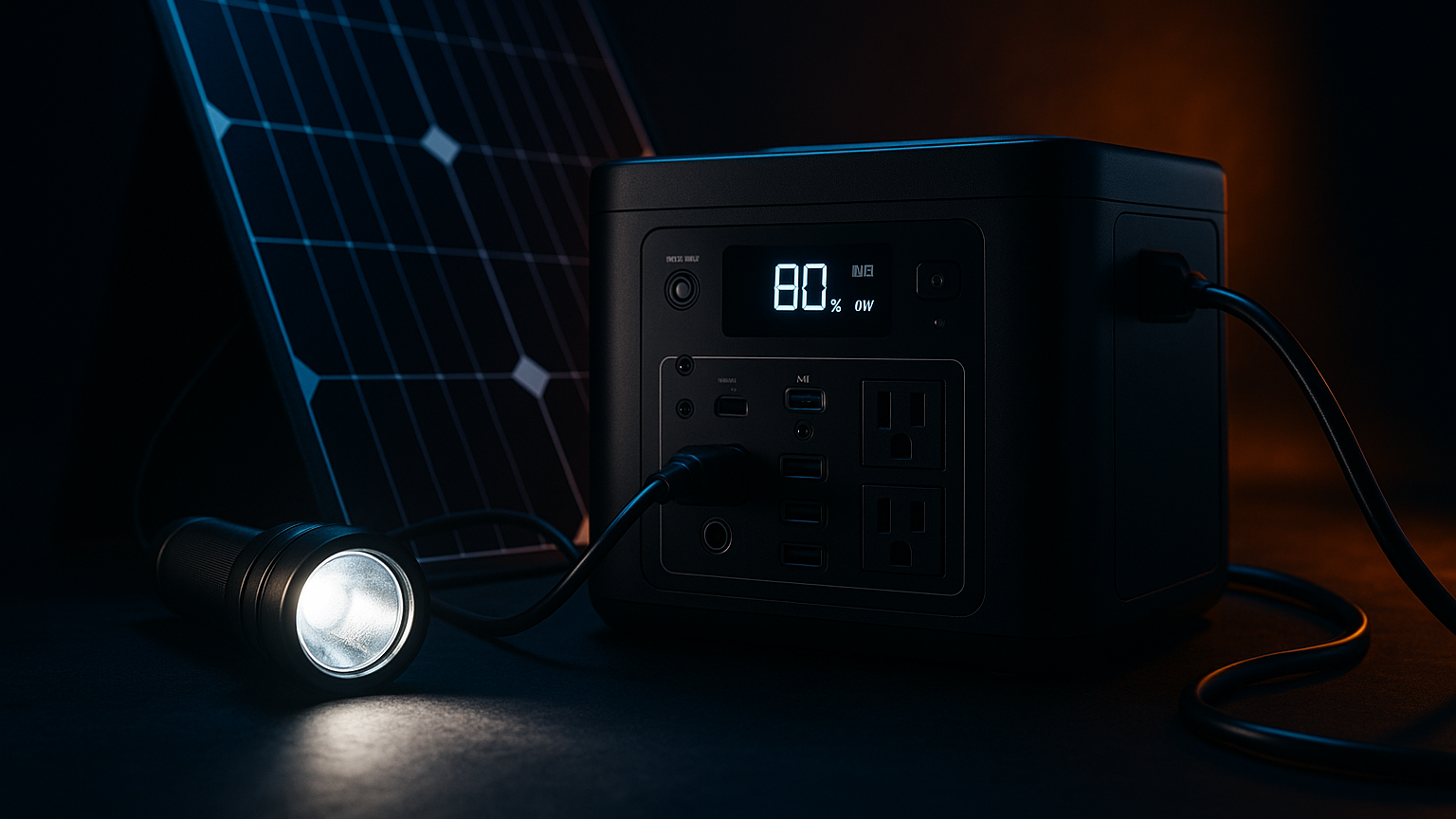 erstelle ein produktbild für eine notstromlösung, es soll dunkel sein thema speicher und pv gerne auch mit taschenlampe