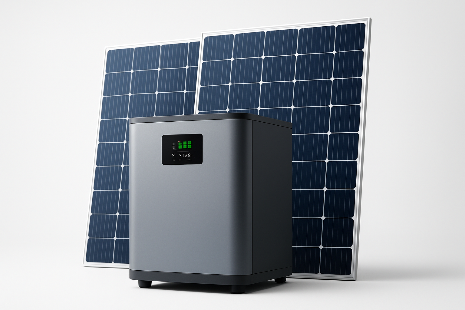 Erstelle mir ein Produktbild für den onlineshop von einem no brand speicher mit photovoltaikanlage